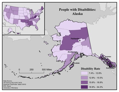 map of AK showing disability rate by county. Text description on page. 