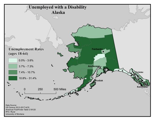 Map of AK showing rates of unemployment for people with disabilities. Text description on page.