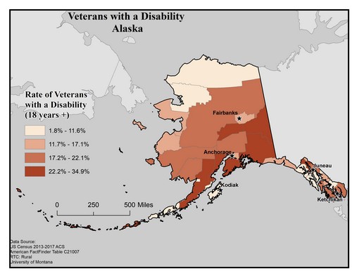Map of AK showing rates of veterans with disability. Text description on page.