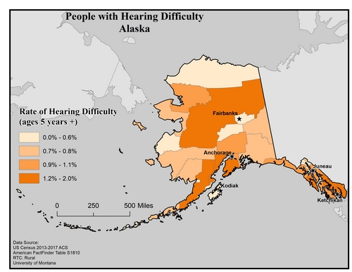 Map of AK showing rates of hearing impairment by county. Text description on page. 