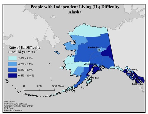 Map of AK showing rates of IL difficulty. Text description on page.