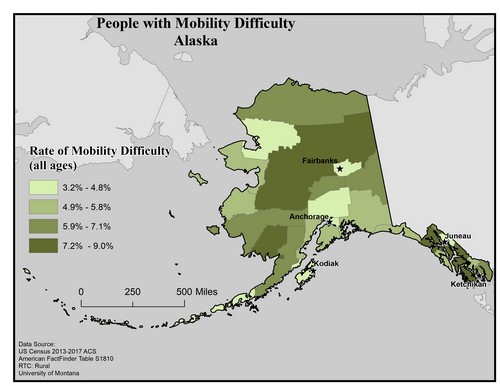Map of AK showing rates of mobility difficulty. Text description on page.