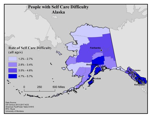 Map of AK showing rates of self-care difficulty. Text description on page.