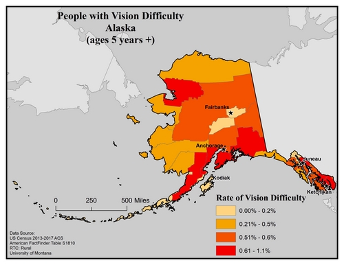 Map of AK showing rates of vision difficulty by county. Text description on page.