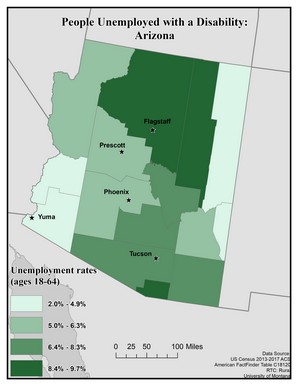 Map of AZ showing rates of unemployment for people with disabilities. Text description on page.