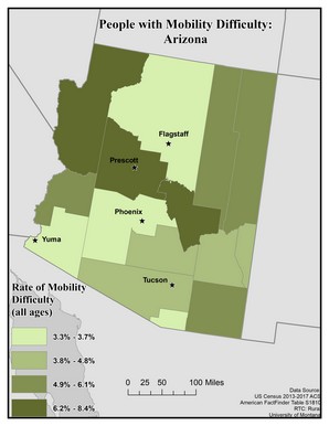 Map of AZ showing rates of mobility difficulty. Text description on page.