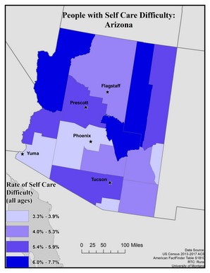 Map of AZ showing rates of self-care difficulty. Text description on page.