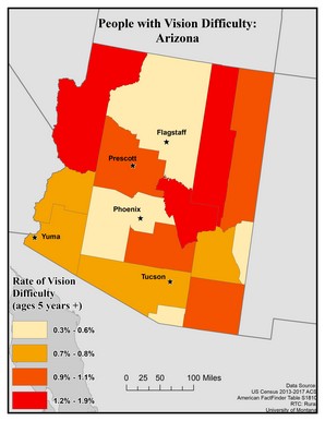Map of AZ showing rates of vision difficulty by county. Text description on page.