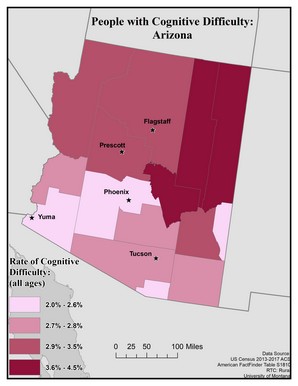 Map of AZ showing rates of cognitive difficulty. Text description on page.