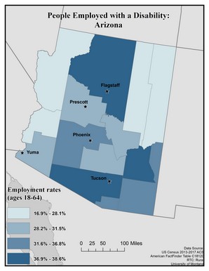 Map of AZ showing rates of people with disability employed. Text description on page.