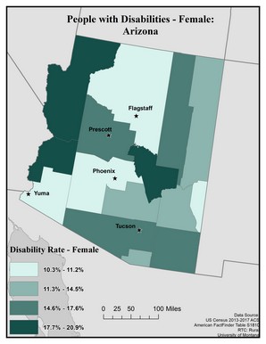 Map of AZ showing rates of females with disability. Text description on page.