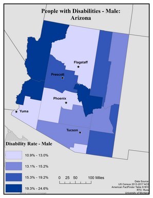 Map of AZ showing rates of disability among males. Text description on page. 