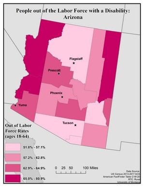 Map of AZ showing rates of people with disability out of labor force. Text description on page.