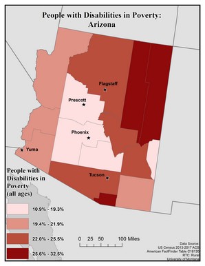 Map of AZ showing rates of people with disabilities in poverty. Text description on page.