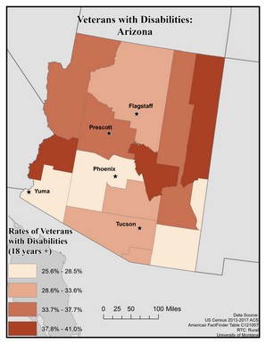 Map of AZ showing rates of veterans with disability. Text description on page.