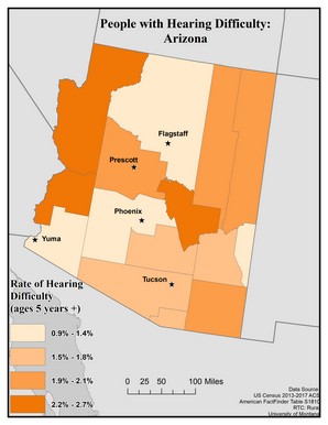 Map of AZ showing rates of hearing impairment by county. Text description on page. 