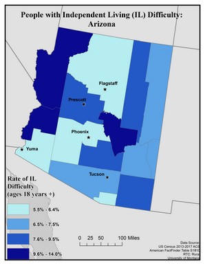 Map of AZ showing rates of IL difficulty. Text description on page.