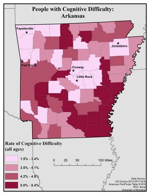 Map of AR showing rates of cognitive difficulty. Text description on page.