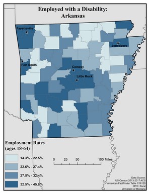 Map of AR showing rates of people with disability employed. Text description on page.