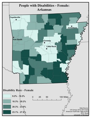 Map of AR showing rates of females with disability. Text description on page.