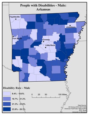 Map of AR showing rates of disability among males. Text description on page. 