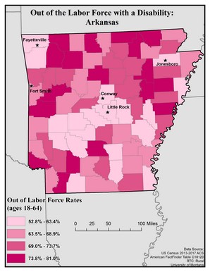 Map of AR showing rates of people with disability out of labor force. Text description on page.