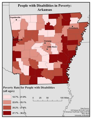 Map of ARshowing rates of people with disabilities in poverty. Text description on page.