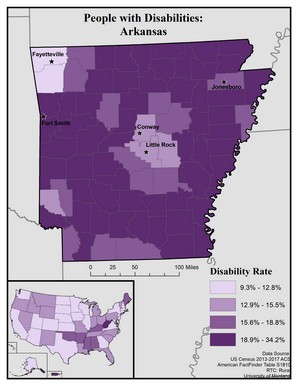 map of AR showing disability rate by county. Text description on page. 