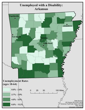Map of AR showing rates of unemployment for people with disabilities. Text description on page.