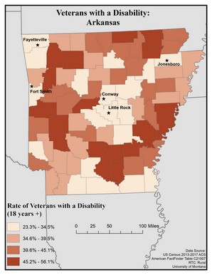 Map of AR showing rates of veterans with disability. Text description on page.