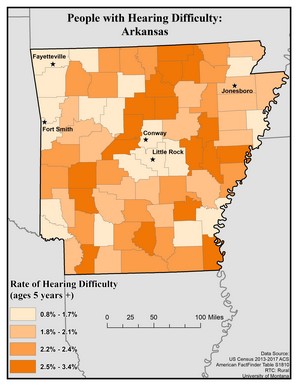 Map of AR showing rates of hearing impairment by county. Text description on page. 