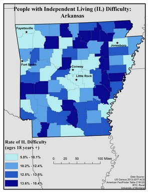 Map of AR showing rates of IL difficulty. Text description on page.