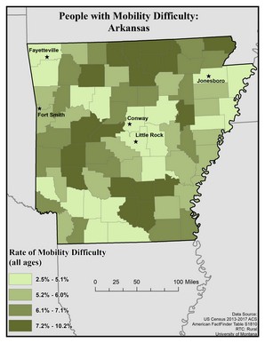 Map of AR showing rates of mobility difficulty. Text description on page.