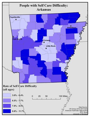Map of AR showing rates of self-care difficulty. Text description on page.