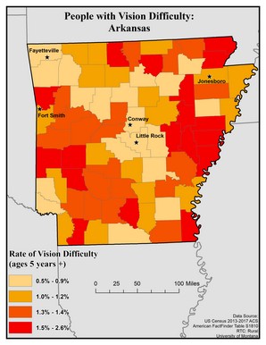 Map of AZ showing rates of vision difficulty by county. Text description on page.