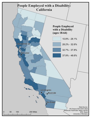 Map of CA showing rates of people with disability employed. Text description on page.