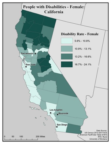 Map of CA showing rates of females with disability. Text description on page.