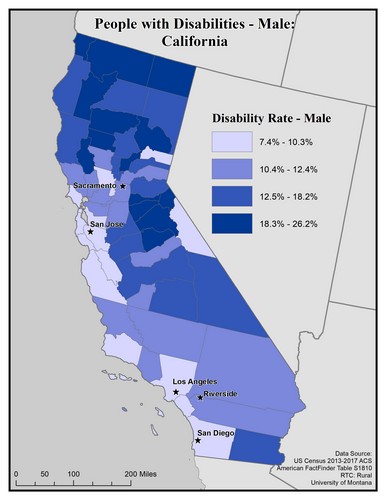 Map of CA showing rates of disability among males. Text description on page. 