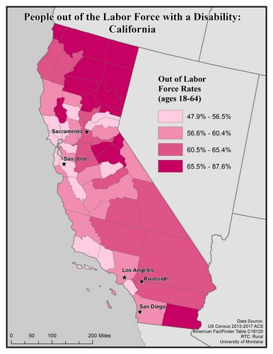 Map of CA showing rates of people with disability out of labor force. Text description on page.