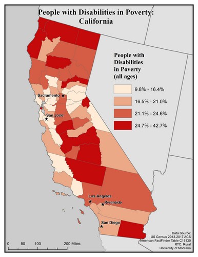 Map of CA showing rates of people with disabilities in poverty. Text description on page.