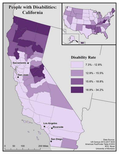 map of CA showing disability rate by county. Text description on page. 