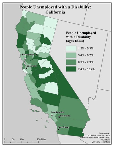 Map of CA showing rates of unemployment for people with disabilities. Text description on page.