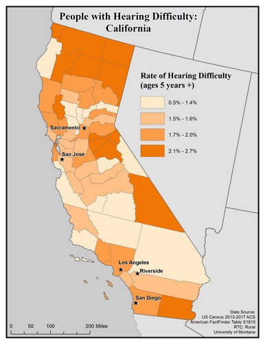 Map of CA showing rates of hearing impairment by county. Text description on page. 