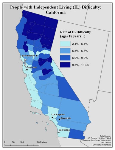Map of CA showing rates of IL difficulty. Text description on page.