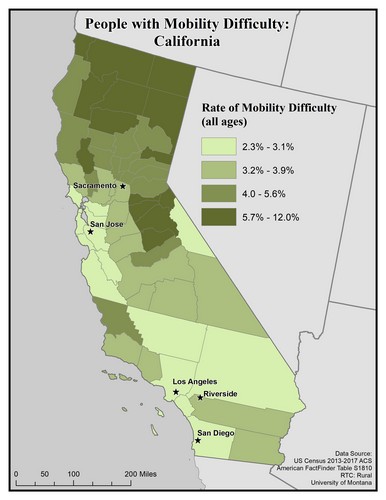 Map of CA showing rates of mobility difficulty. Text description on page.