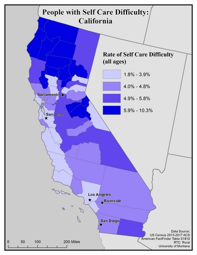 Map of CA showing rates of self-care difficulty. Text description on page.