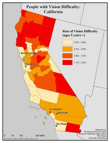 Map of CA showing rates of vision difficulty by county. Text description on page.