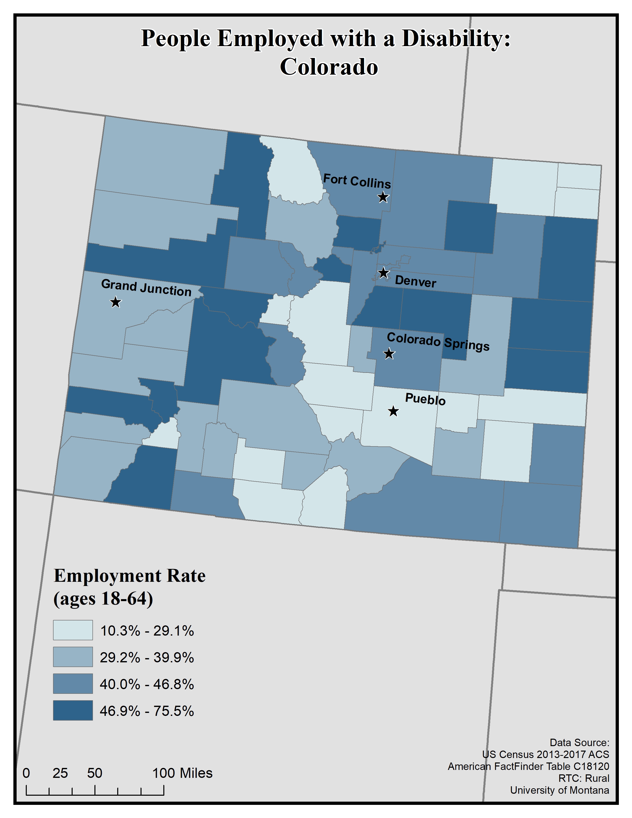Map of CO showing rates of people with disability employed. Text description on page.