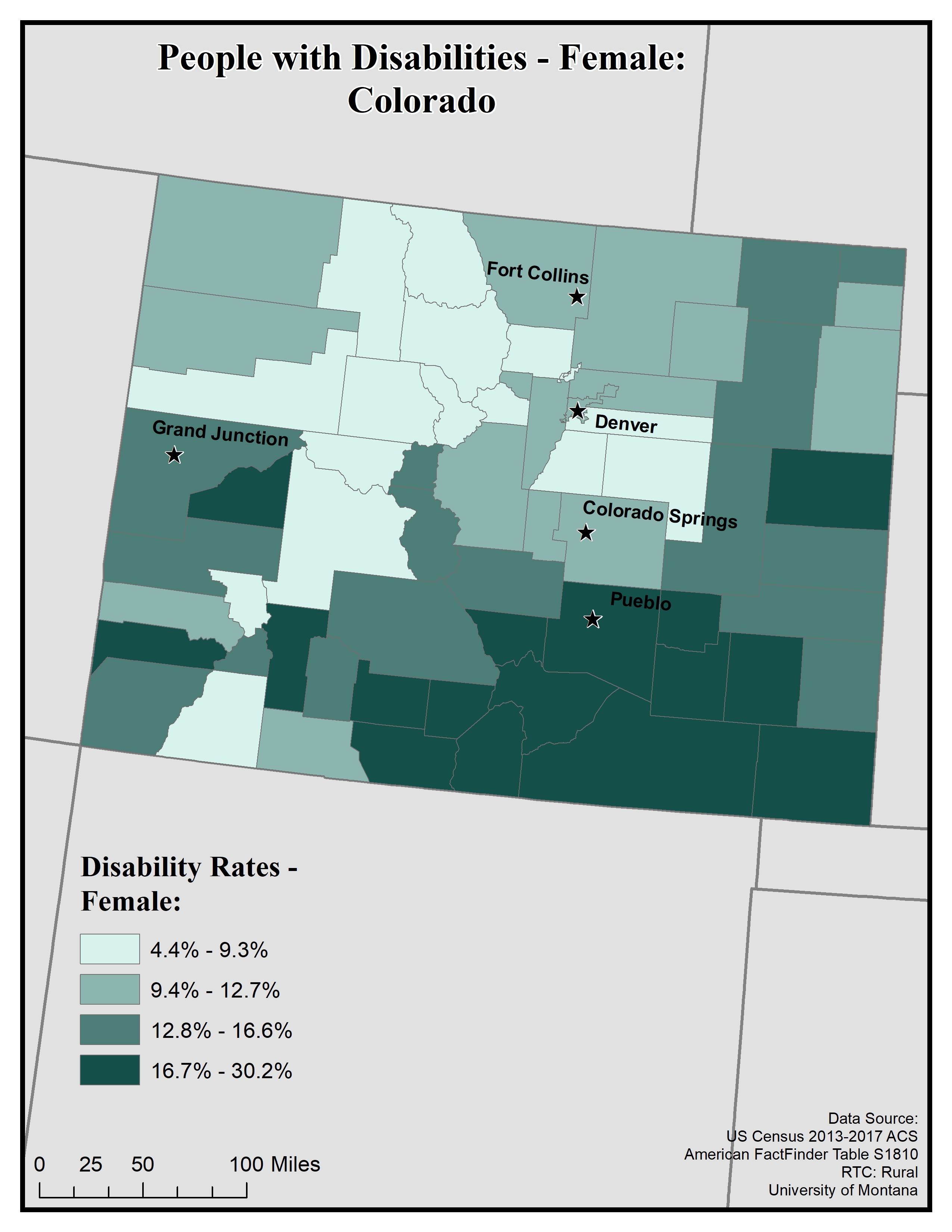 Map of CO showing rates of disability among females. text description on page. 