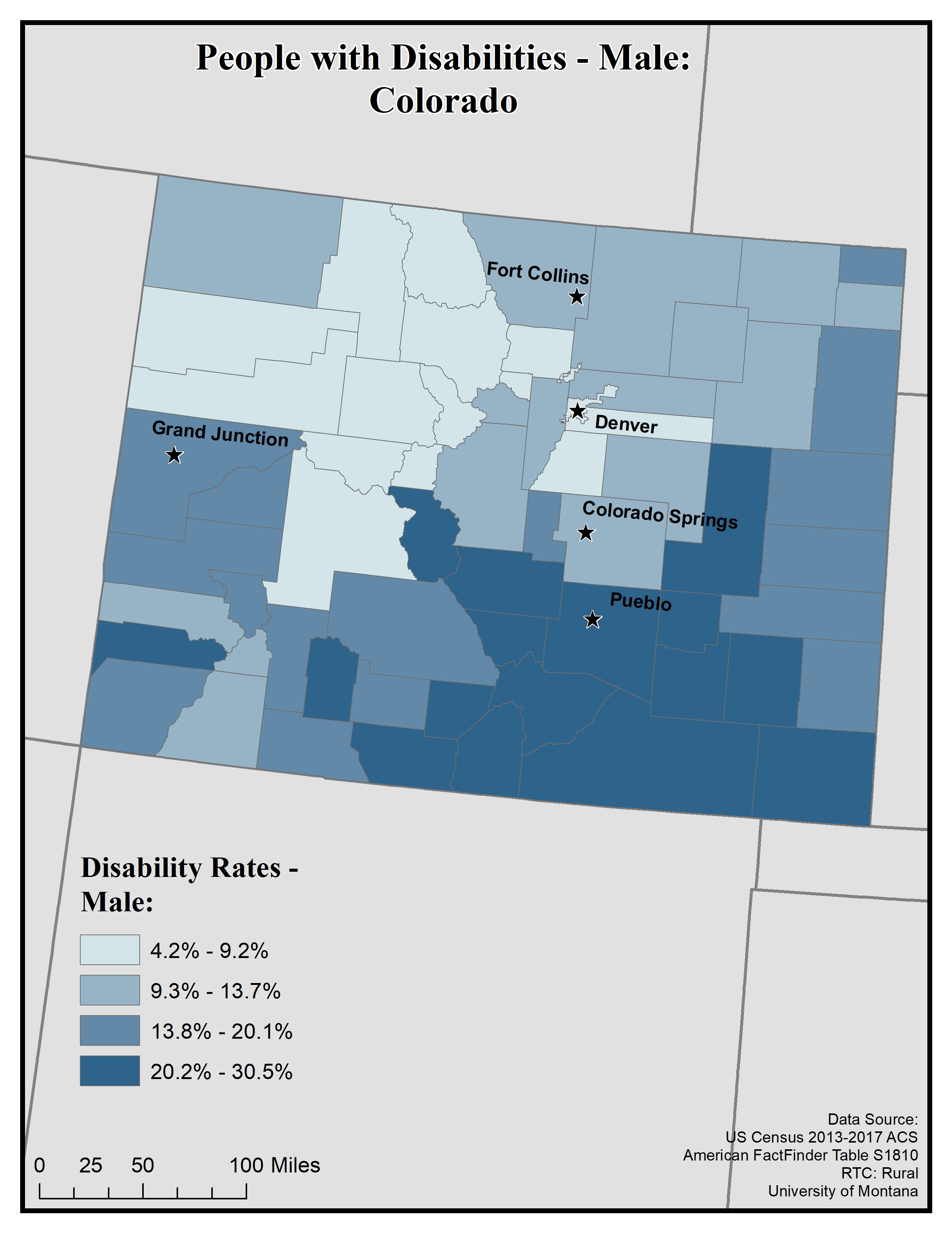 Map of CO showing disability rates among males. Text description on page.